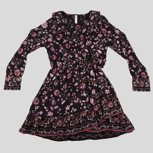 American Rag Dress Women's Jr M Black Floral Long Sleeve Ruffle Boho Indie Y2K